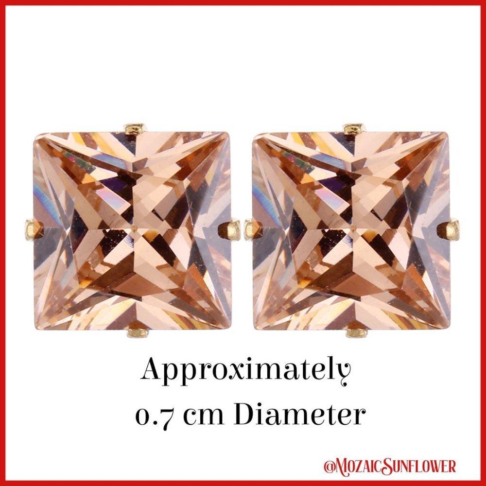 7mm Princess Cut Sparkling Champagne Color CZ Post Earrings
